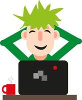 Man in front of a computer laughs, icon, vector on white background.