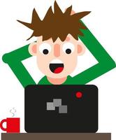 Man in front of a computer is shocked, icon, vector on white background.