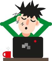 Man in front of a computer sleeping, icon, vector on white background.