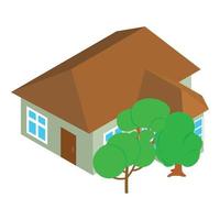 Suburban house icon isometric vector. One storey building and deciduous tree vector