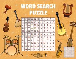 Word search game worksheet with music instruments vector