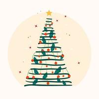 árbol de navidad decorado con bolas de navidad y estrellas ilustración plana dibujada a mano sobre fondo blanco vector
