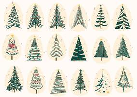 Decorated Christmas tree set with Christmas balls and stars hand drawn flat illustration on white background vector