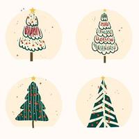 Decorated Christmas tree set with Christmas balls and stars hand drawn flat illustration on white background vector