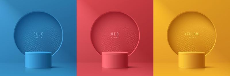 Set of abstract 3D background with yellow, blue, red realistic cylinder podium. glitter dot texture in circle window wall. Vector geometric forms. Mockup product display. Minimal scene. Stage showcase