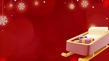 Christmas banner on red background with santa claus sledge full present gift and snowflakes in copy space photo