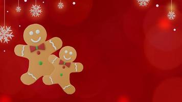 Christmas banner on red background with gingerbread cookies and snowflakes in copy space photo
