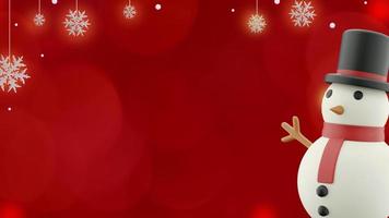 Christmas banner on red background with cute snowman and snowflakes in copy space photo