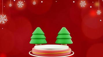 Christmas banner on red background with christmas tree podium and snowflakes in copy space photo