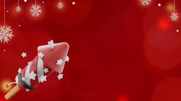 banner de navidad sobre fondo rojo con cohetes de fuegos artificiales y copos de nieve en el espacio de copia foto