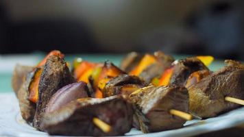 marinated beef kebabs with vegetables prepared on the grill video