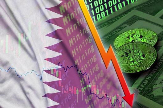 bandera qatar y tendencia de caída de criptomonedas con dos bitcoins en billetes de dólar y visualización de código binario foto