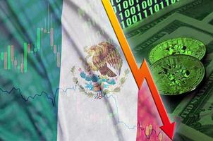 Mexico flag and cryptocurrency falling trend with two bitcoins on dollar bills and binary code display photo