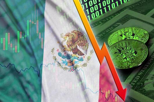 bandera de méxico y tendencia de caída de criptomonedas con dos bitcoins en billetes de dólar y visualización de código binario foto