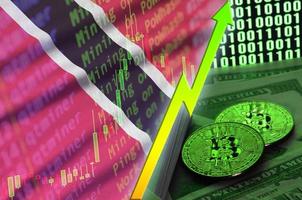 Trinidad and Tobago flag and cryptocurrency growing trend with two bitcoins on dollar bills and binary code display photo