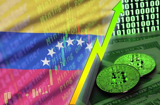 bandera de venezuela y tendencia creciente de criptomonedas con dos bitcoins en billetes de dólar y visualización de código binario foto