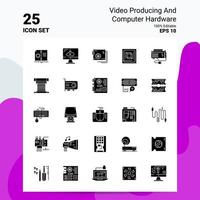 25 producción de video y conjunto de iconos de hardware de computadora 100 archivos editables eps 10 ideas de concepto de logotipo de empresa diseño de icono de glifo sólido vector