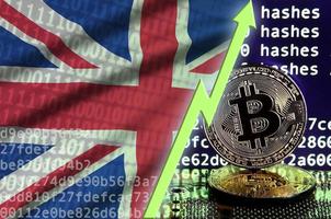 Great britain flag and rising green arrow on bitcoin mining screen and two physical golden bitcoins photo