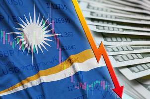 Marshall Islands flag and chart falling US dollar position with a fan of dollar bills photo