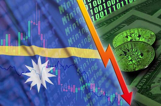 bandera de nauru y tendencia descendente de criptomonedas con dos bitcoins en billetes de dólar y visualización de código binario foto