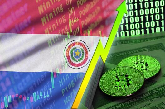 bandera de paraguay y tendencia creciente de criptomonedas con dos bitcoins en billetes de dólar y visualización de código binario foto