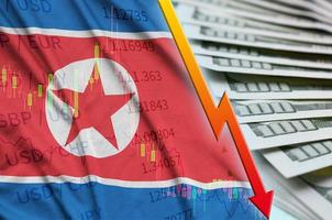 bandera de corea del norte y gráfico que cae en la posición del dólar estadounidense con un abanico de billetes de dólar foto