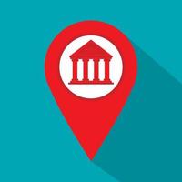 Red map pin icon with bank icon, flat style vector