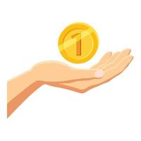 Hand holding gold coin icon, cartoon style vector