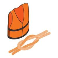 Sea equipment icon isometric vector. Orange life jacket rope with nautical knot vector