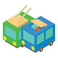 City transport icon isometric vector. Green city trolleybus and blue bus icon vector