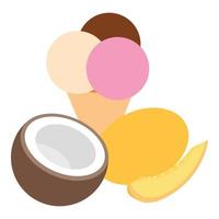 Summer dessert icon isometric vector. Coconut melon and ice cream in waffle cone vector