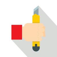 Hand hoding yellow construction utility knife icon vector