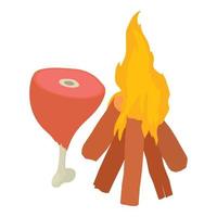 Ancient fire icon isometric vector. Process of cooking raw meat at bonfire icon vector