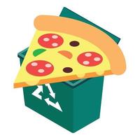 Waste icon isometric vector. Triangular piece of pizza with sausage in trash can vector