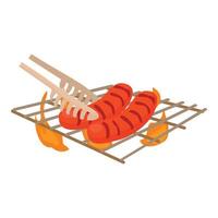 Cooking sausage on bbq icon, cartoon style vector