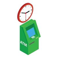 Bank atm icon isometric vector. Red wall clock and modern green atm machine icon vector