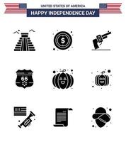 Solid Glyph Pack of 9 USA Independence Day Symbols of pumpkin security gun usa american Editable USA Day Vector Design Elements