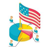 vector isométrico del icono de la estadística de votantes. gráfico circular de colores con la bandera de EE.UU. candidato
