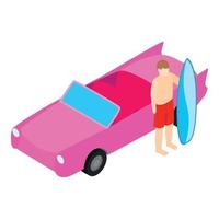 Surfing time icon isometric vector. Surfer with surfboard near pink retro car vector