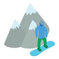 vector isométrico del icono del snowboarder. deportista en el fondo de la montaña nevada