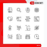 Mobile Interface Outline Set of 16 Pictograms of heart off radar shutdown world Editable Vector Design Elements