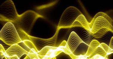 Abstract background of yellow futuristic glowing waves from particles of points and lines of energy and magic on a black background photo
