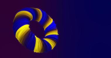 Abstract looped beautiful three-dimensional multi-colored luminous yellow-blue twisting ring 3d and lines on a dark background photo