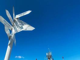 pointer in a tourist place with the direction of major cities of the world. journey to a distant and hot country. white signpost with many destinations for tourists photo