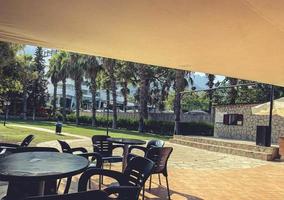 a cafe near the sea, plastic furniture stands near palm trees and a stage with equipment. tourists rest, snack at the bar photo