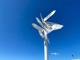 Tourism and travel concept. Colorful wooden road sign pointing directions and distances to cities and countrie photo