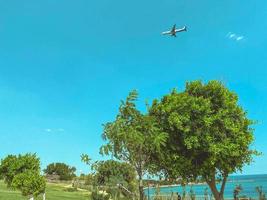 the plane flies through the sky. air travel. the plane carries tourists to the sea. seaside resort. the plane flies in the sky. big green trees nearby photo