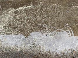 A beautiful surface of blooming rainwater with yellow and white streaks and circles in a puddle. The background. Texture photo