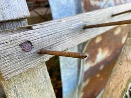 A large long rusty old iron metal construction industrial nail sticks out of a wooden plank photo