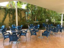 Empty street cafe on the square of a European city photo